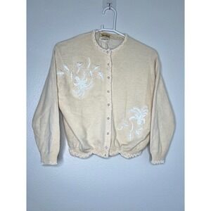 Neiman Marcus Vintage Cream Beaded Palm tree Cardigan Sweater Lambswool Angora